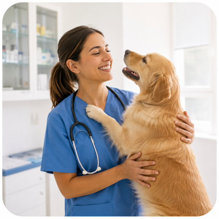 Profesional veterinaria junto a un perro